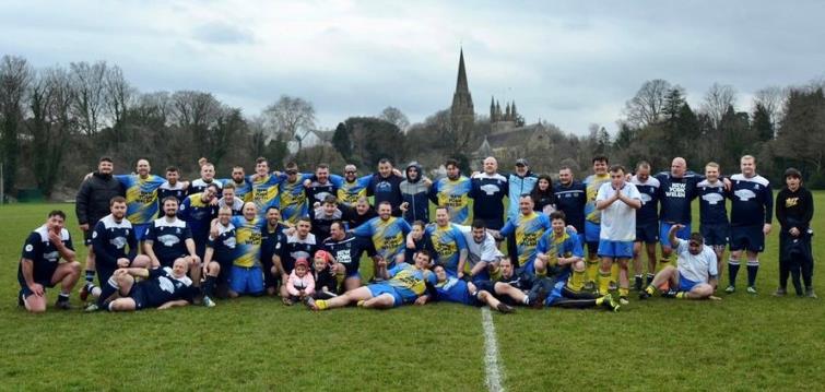 Cardiff Chiefs and Pembrokeshire Vikings squads pose post match for a photograph 